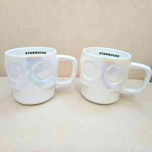 Htf Starbucks 2024 Iridescent White Halloween Skull Mug Set